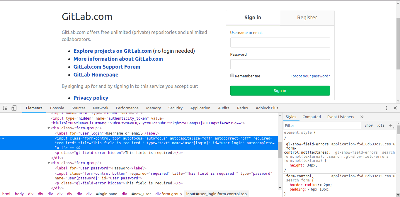 Gitlab signin page username field