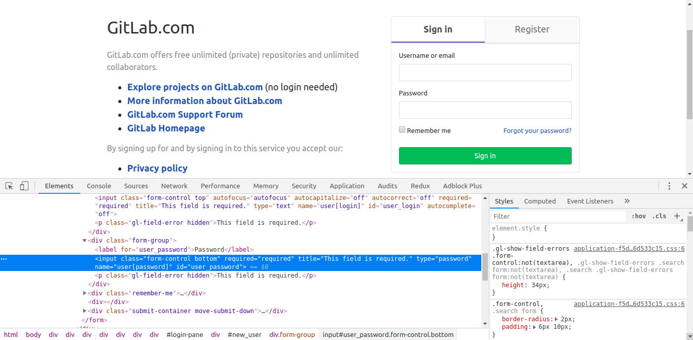 Gitlab signin page password field